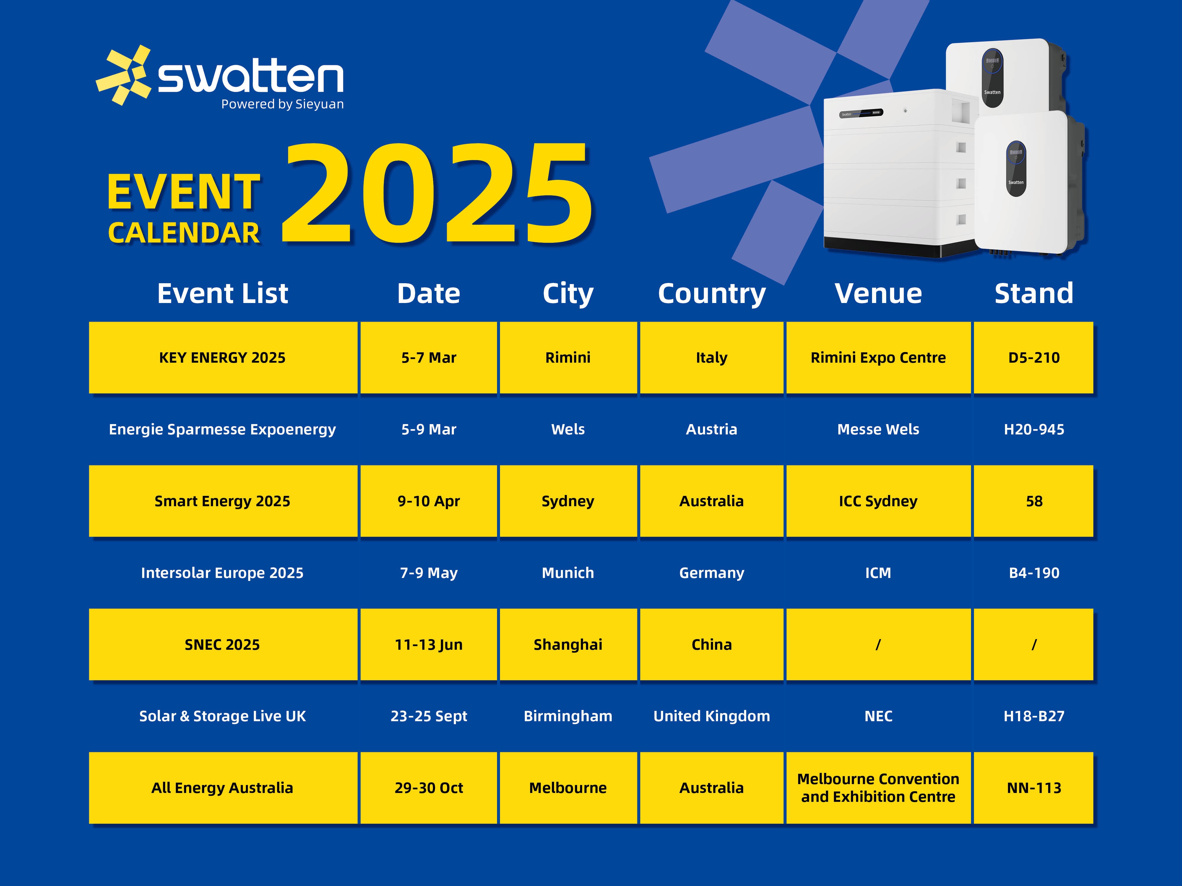 Calendario di Esposizione 2025 di Swatten 